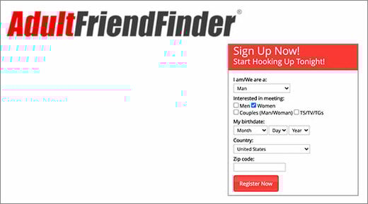 Adult Friend Finder logo and homepage screenshot